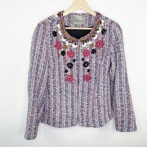 Summer Of Love Womens Embellished Tweed Blazer Jacket Size S Career Office